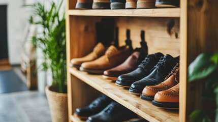 Wooden shoe cabinet with open shelves, showcasing neatly arranged shoes in a stylish entryway.