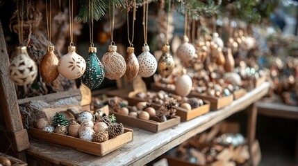 Holiday craft market booth displaying handcrafted christmas ornaments winter festival artisanal crafts festive atmosphere close-up view
