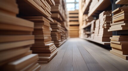 Obraz premium Wood planks stacked in warehouse.