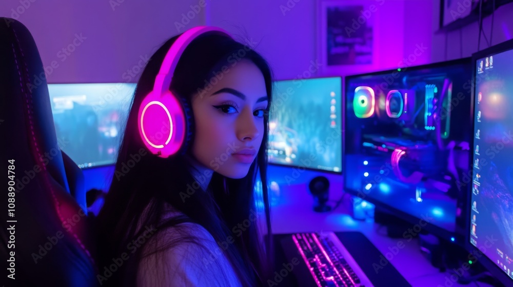 Poster a young person is seated at a computer desk surrounded by multiple monitors and colorful led lights.