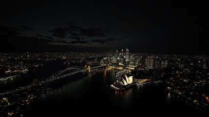 Obraz premium Night cityscape, harbor, bridge.