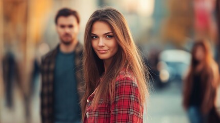 Fototapeta premium Female student in a stylish urban outfit, standing at urban street with her friends