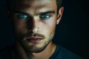 Obraz premium Frontal portrait of a young man, with a handsome and angry expression, against a black background. The eyes are softly lit