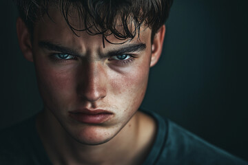 Frontal portrait of a young man, with a handsome and angry expression, against a black background. The eyes are softly lit