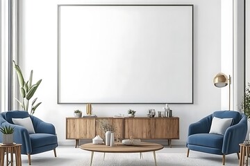 Spacious Living Room  with  Blank Art  on  Bohemian Rug  above  Wooden Cabinet