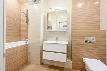 interior apartment room bathroom, sink, decorative elements, toilet. WC, sanitary unit, wash room