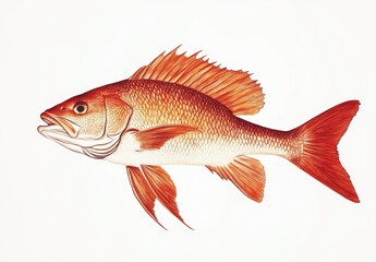 Obraz premium Detailed Illustration of a Colorful Red Fish with Distinctive Features and Intricate Patterns Against a Light Background for Natural and Culinary Themes