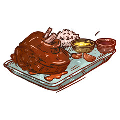 Delicious plate of tender meat with sides served on a vibrant blue dish at a cozy dining setting