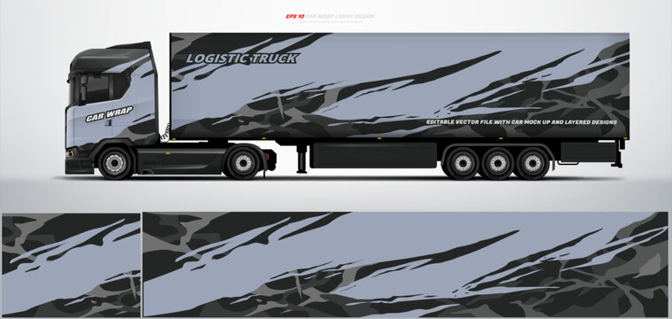 truck trailer livery design template. Truck Cargo delivering vehicle paintjob. Mock up and design on separate layers vector files.