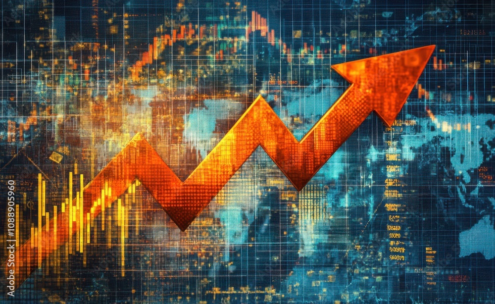 Poster dynamic arrow graphic representing financial growth and positive trends in a modern digital context 