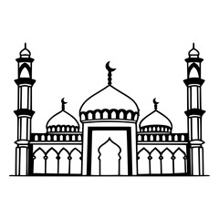 Minimalist Mosque Silhouette Design. Detailed Mosque Illustration in Black and White. Ramadan, Eid al-adha, Eid ul fitr