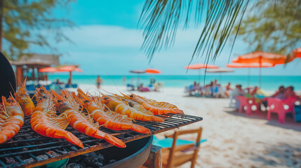 Outdoor Seafood Barbecue Near the Ocean on a Sunny Day