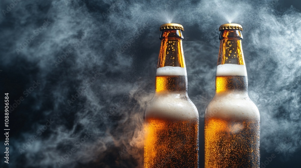 Poster 45-degree topview Isolated on background two beer bottles mid-toast with golden liquid spraying upward on a smoky gray background with side empty space for text Stockphoto style