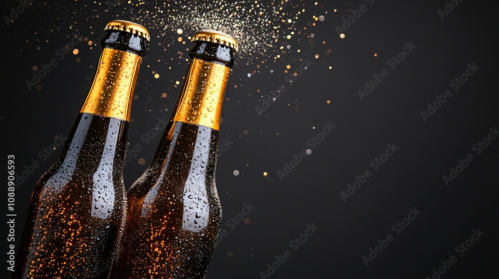 Aufkleber 45-degree topview isolated on background two beer bottles mid-toast with golden liquid spraying upwa
