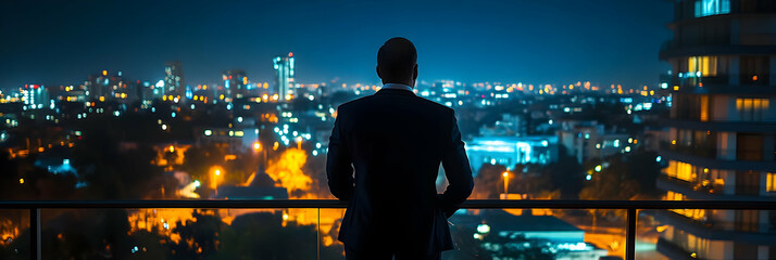 Businessman Standing on Balcony Overlooks City at Night with Bokeh Lights