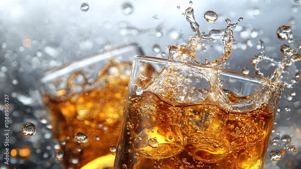 Poster 45-degree topview Isolated on background two whiskey glasses colliding with amber liquid splashing and small droplets frozen mid-air on a charcoal gray background with side empty space for text