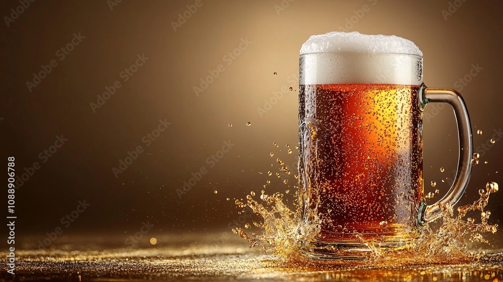 Poster 45-degree topview Isolated on background a frosty beer stein with golden liquid splashing over its edge as bubbles rise on a muted gold background with side empty space for text Stockphoto style