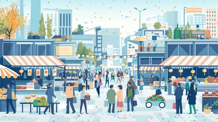 Obraz premium A cartoon illustration of a bustling outdoor market in a city.
