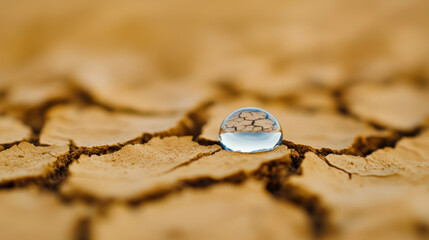 Water Crisis Management Resources Concept. A close-up of a single water droplet resting on cracked, dry soil, highlighting the contrast between moisture and arid conditions.