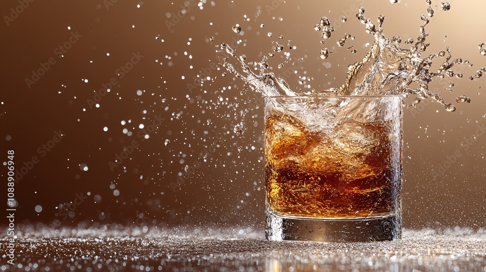 Poster 45-degree topview Isolated on background a whiskey glass mid-splash as liquid swirls dynamically inside with a touch of condensation on the glass on a soft brown background with side empty space for