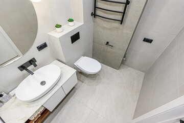 interior apartment room bathroom, sink, decorative elements, toilet. WC, sanitary unit, wash room