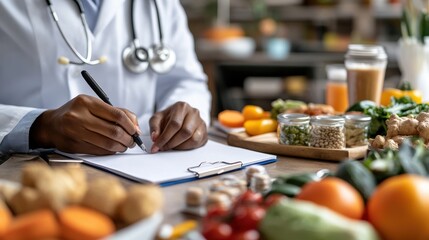 Nutritionist crafts a meal plan on a notepad with fresh fruits and healthy snacks nearby