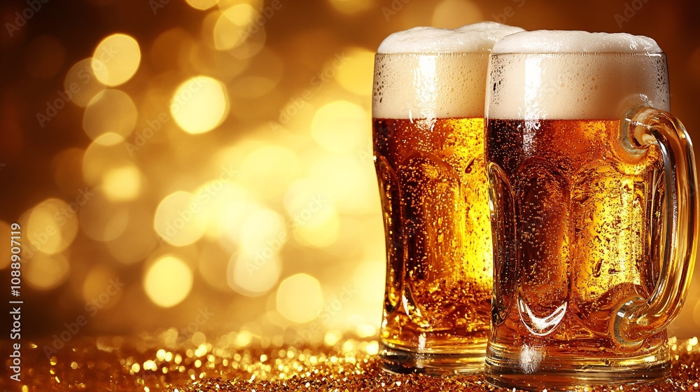 Poster 45-degree topview isolated on background two beer mugs in a toast with frothy liquid bursting outwar