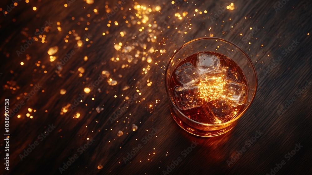 Poster 45-degree topview isolated on background a whiskey glass with scattered crushed ice and a small gold