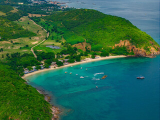Fototapeta premium Aerial view landscape Koh Larn island Nual beach and turquoise sea, Pattaya Thailand