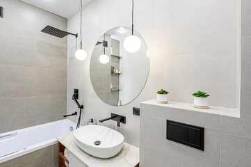 interior apartment room bathroom, sink, decorative elements, toilet. WC, sanitary unit, wash room