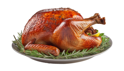 roasted chicken on a silver plate isolated on transparent background cutout