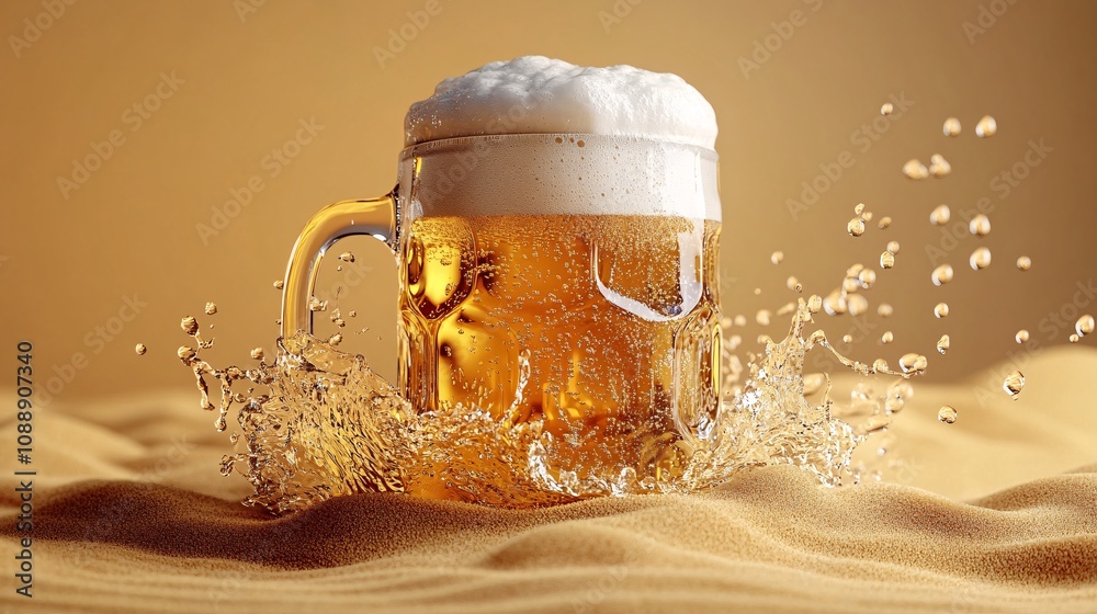 Poster 45-degree topview Isolated on background a frothy beer mug with liquid splashing outward as foam overflows on a neutral sand-colored background with side empty space for text Stockphoto style