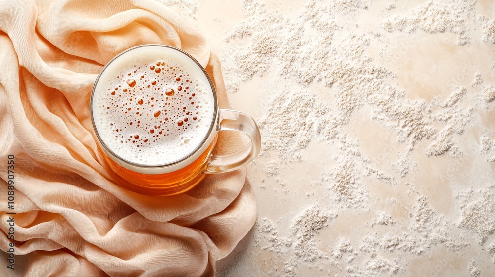 Poster 45-degree topview Isolated on background a frothy beer mug with liquid splashing outward as foam overflows on a neutral sand-colored background with side empty space for text Stockphoto style