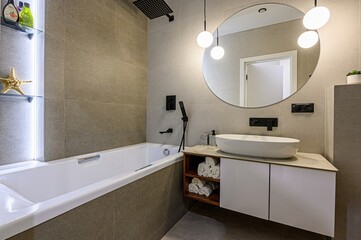 interior apartment room bathroom, sink, decorative elements, toilet. WC, sanitary unit, wash room