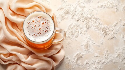 45-degree topview Isolated on background a frothy beer mug with liquid splashing outward as foam overflows on a neutral sand-colored background with side empty space for text Stockphoto style