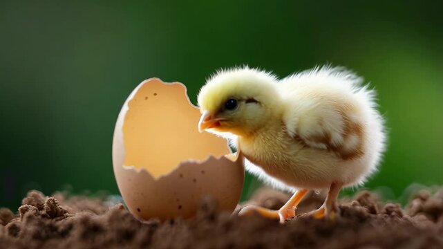 A tiny chick breaks free from its shell, surrounded by soft soil. The newly hatched bird stands carefully on the ground, exploring its new environment with curiosity.