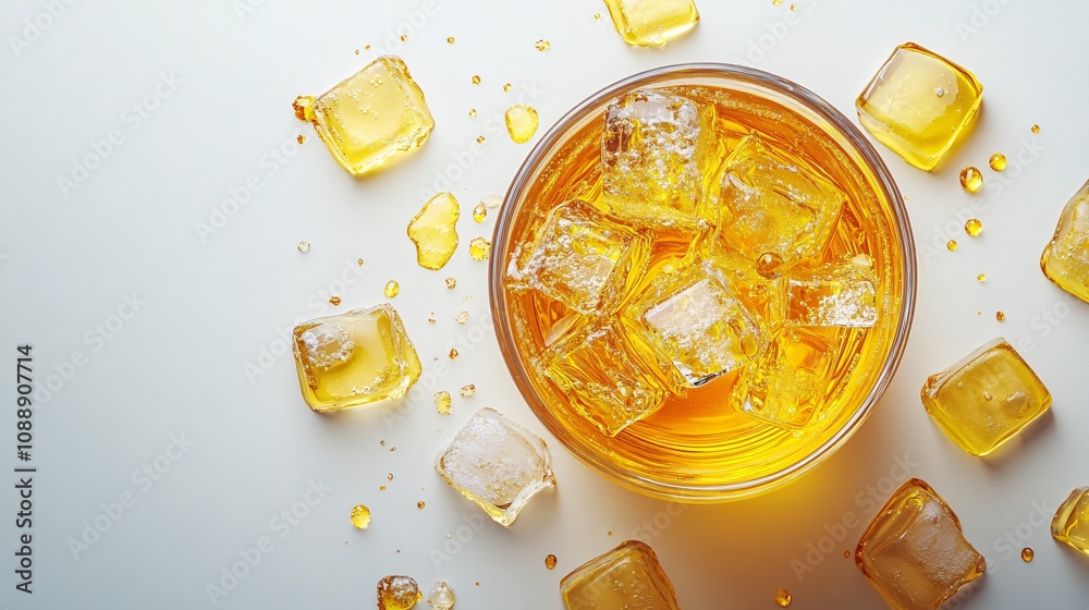 Fototapete 45-degree topview Isolated on background a whiskey tumbler with ice cubes dynamically scattering and liquid splashing elegantly on a soft caramel background with side empty space for text Stockphoto