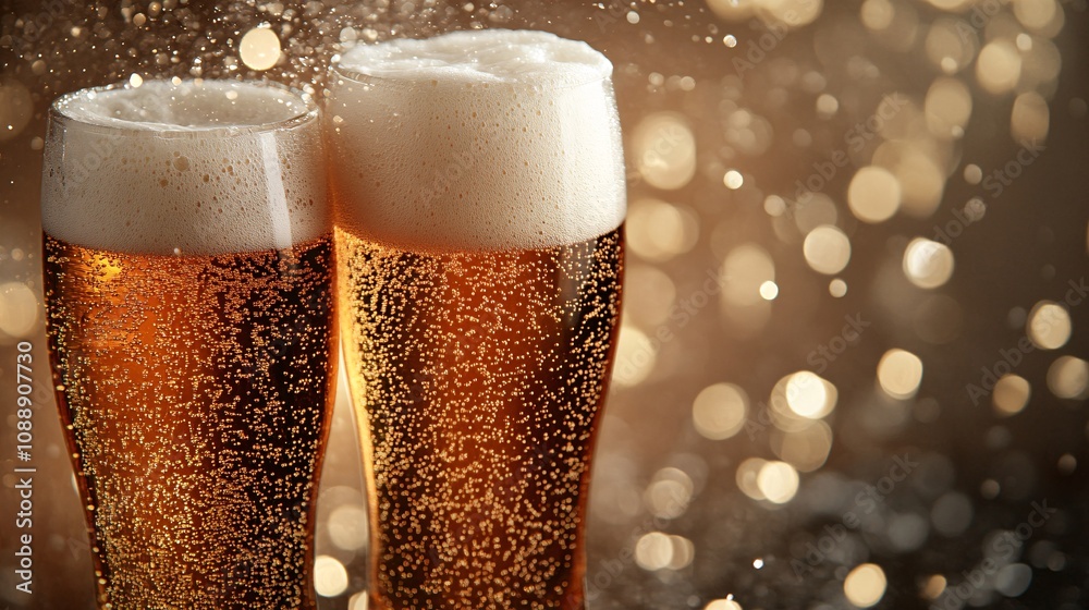 Poster 45-degree topview isolated on background two frothy beer glasses colliding in celebration with liqui