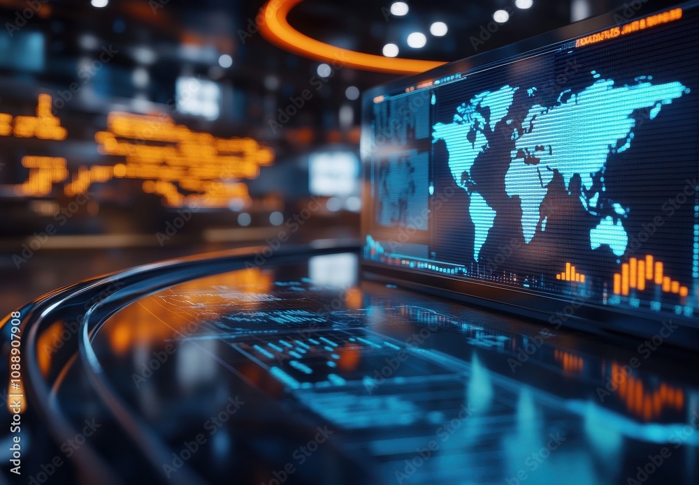 Poster futuristic data visualization with world map and graphs displaying financial trends in a high-tech d