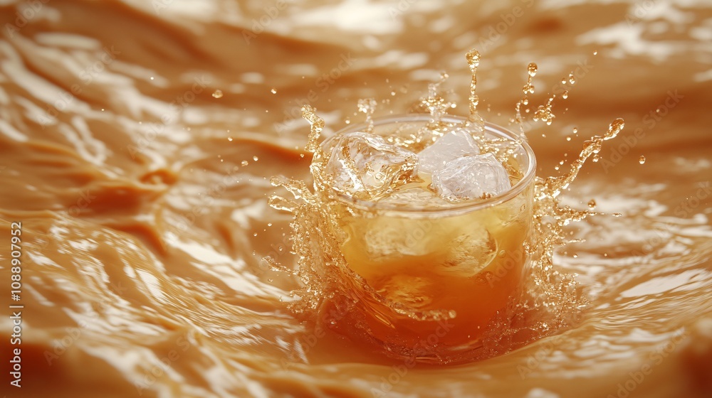Aufkleber 45-degree topview Isolated on background a whiskey tumbler with ice cubes dynamically scattering and liquid splashing elegantly on a soft caramel background with side empty space for text Stockphoto