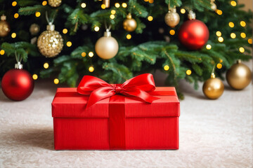 A neatly wrapped red gift box adorned with a large bow, placed under a decorated Christmas tree with sparkling lights and ornaments. Generative AI