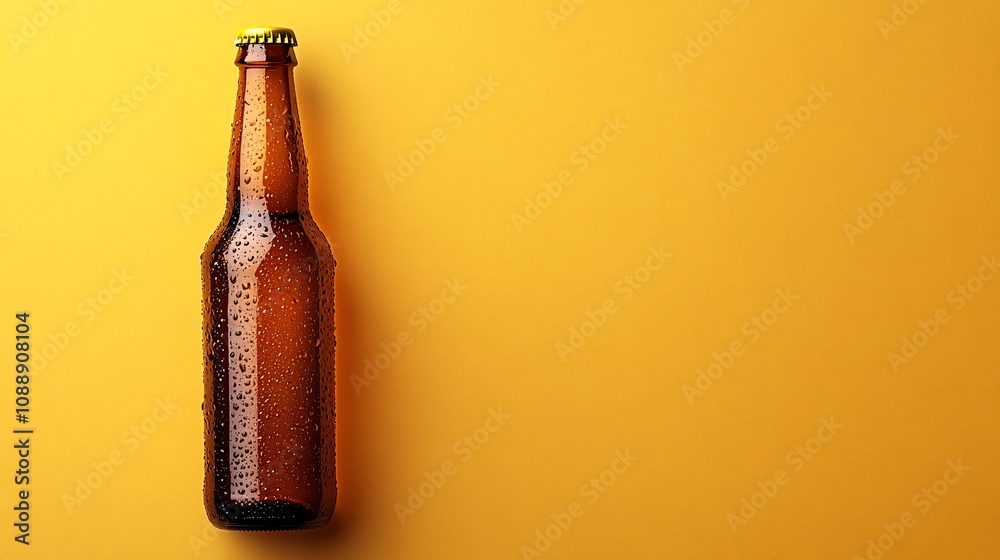 Poster 45-degree topview isolated on background a classic beer bottle tipped slightly with liquid spraying 