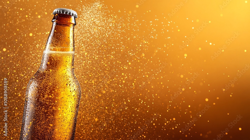 Poster 45-degree topview isolated on background a classic beer bottle tipped slightly with liquid spraying 