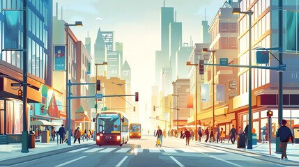 Obraz premium A cartoon illustration of a busy city street with people and vehicles.