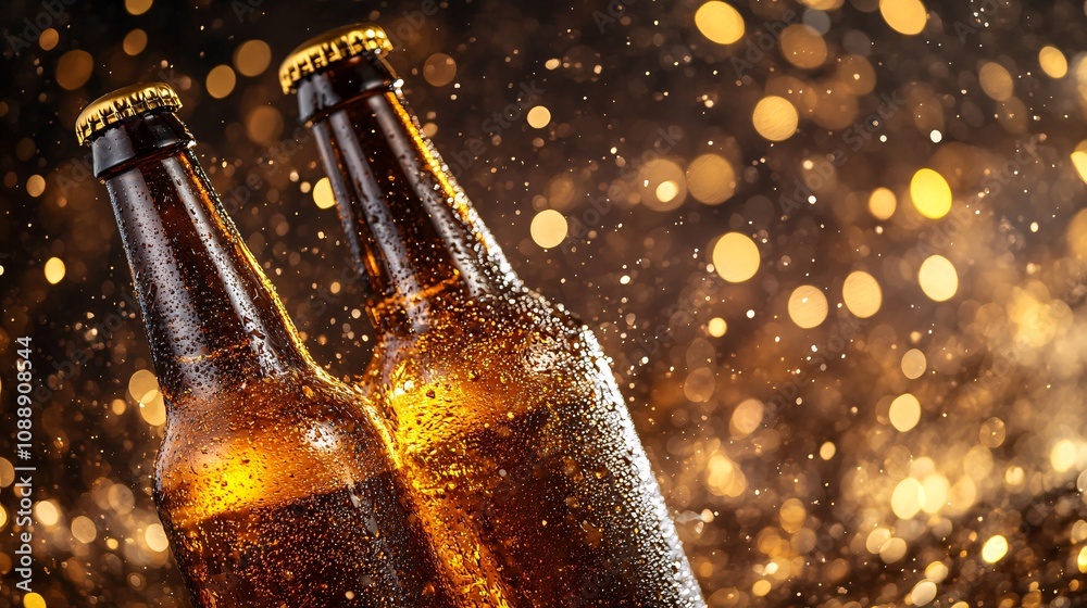 Fototapete 45-degree topview Isolated on background two beer bottles mid-toast with golden liquid splashing upward in a dynamic arc on a deep gold background with side empty space for text Stockphoto style