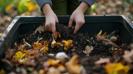 Young adult hands mix organic waste into a compost bin, promoting eco-friendly gardening practices
