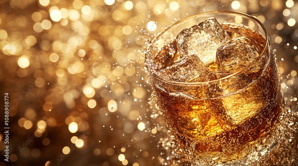 Poster 45-degree topview isolated on background a whiskey glass with swirling liquid and ice cubes splashin