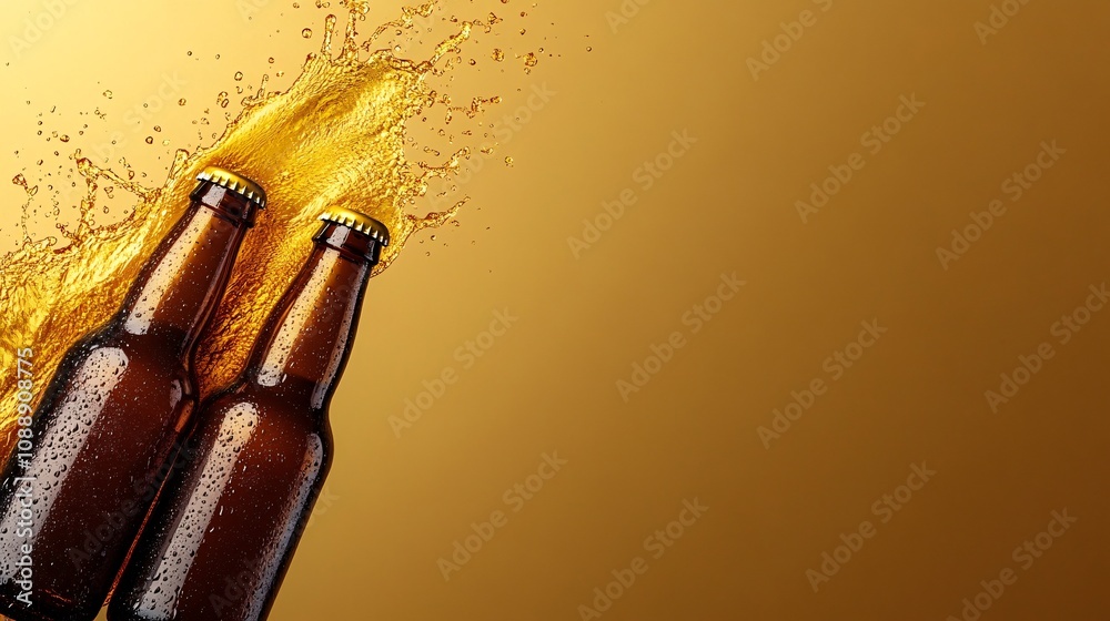 Aufkleber 45-degree topview Isolated on background two beer bottles mid-toast with golden liquid splashing upward in a dynamic arc on a deep gold background with side empty space for text Stockphoto style