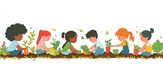 Group of kids planting vegetables in a community garden, hands in the soil, teamwork, environmental education, growing fresh produce