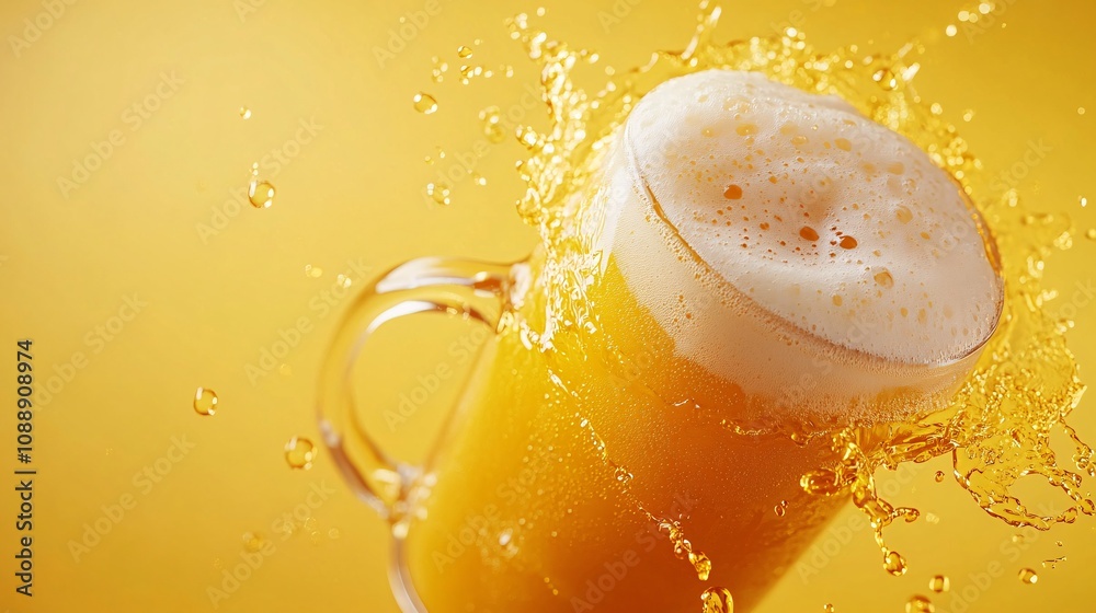 Leinwandbilder 45-degree topview Isolated on background a frothy beer mug tilted slightly with foam dripping over the side as golden liquid splashes on a pale amber background with side empty space for text